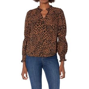 (1626) Lark & Ro Women's Georgette Long Sleeve Ruffle Crew Neck Top Smocked NWOT